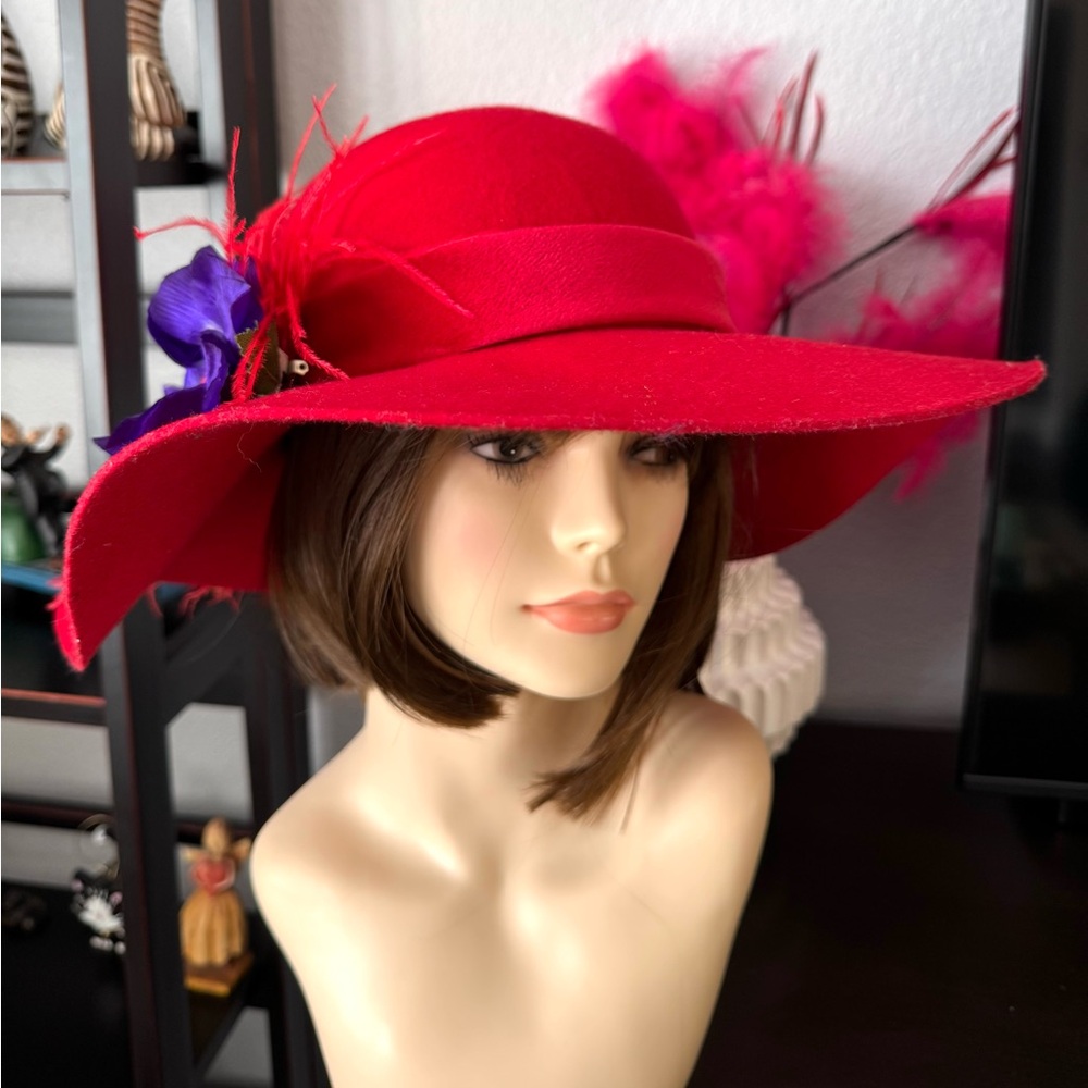 Red Wool Hat with Purple Flower and Feather - Picture 2 of 11